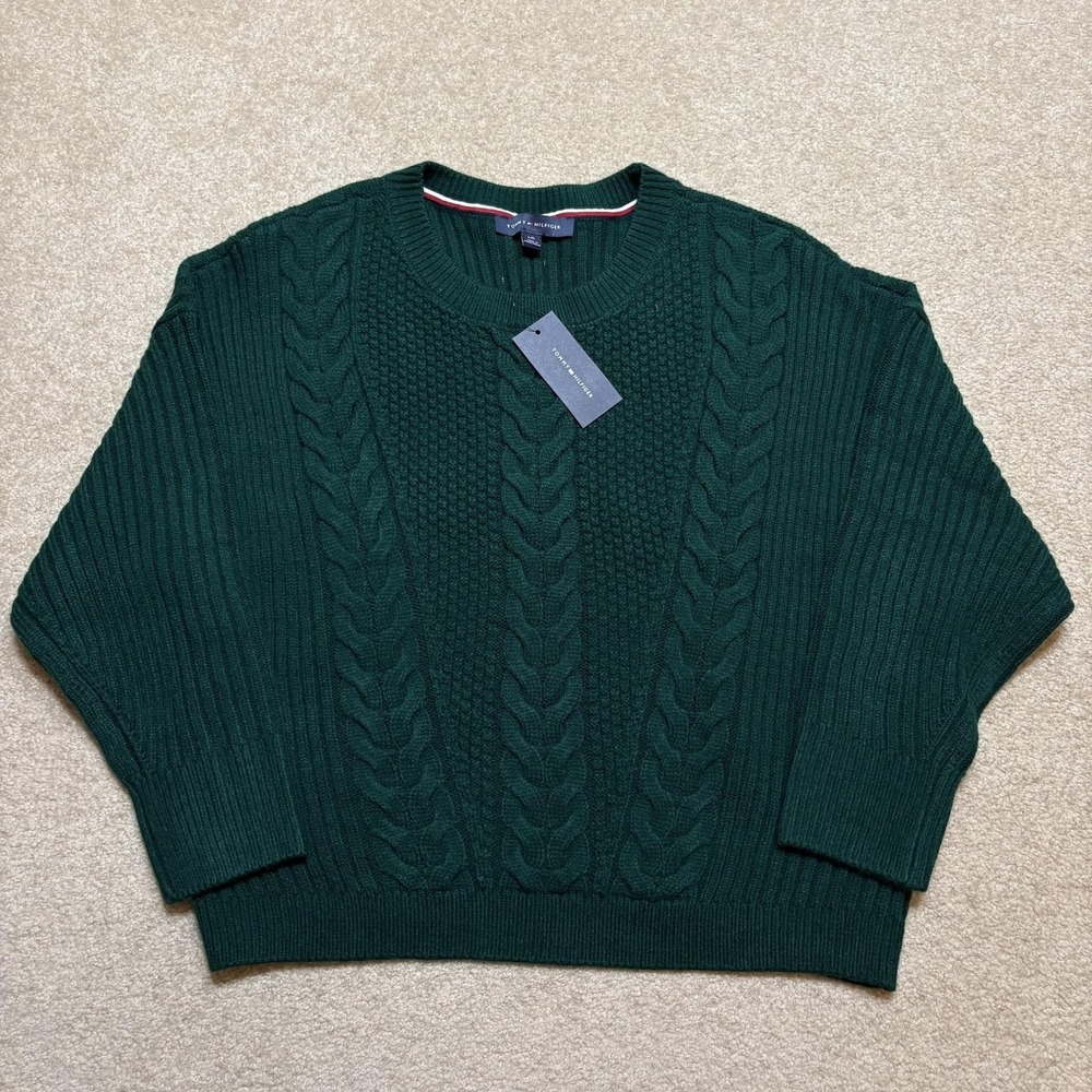 Tommy Hilfiger Cable Knit Sweater NWT Womens Large Green Crewneck Pullover Logo